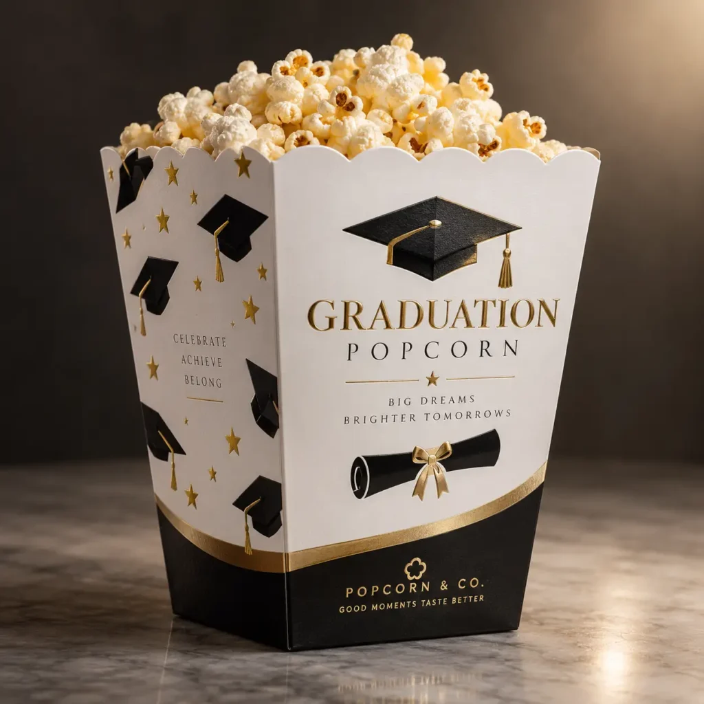 Graduation popcorn gift box packaging in black white and gold with mortarboard cap diploma design by Popcorn & Co.