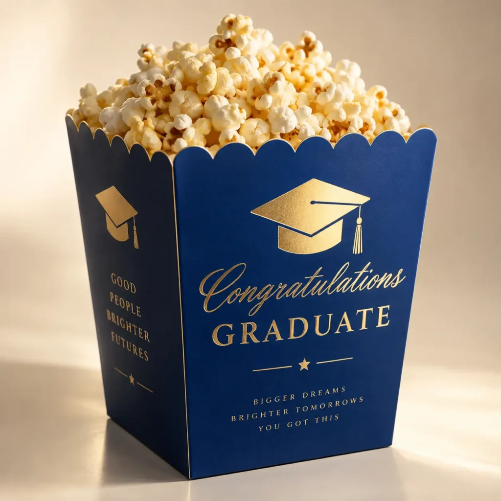 Navy blue graduation popcorn box with gold foil congratulations graduate text and mortarboard cap, overflowing with fresh popcorn