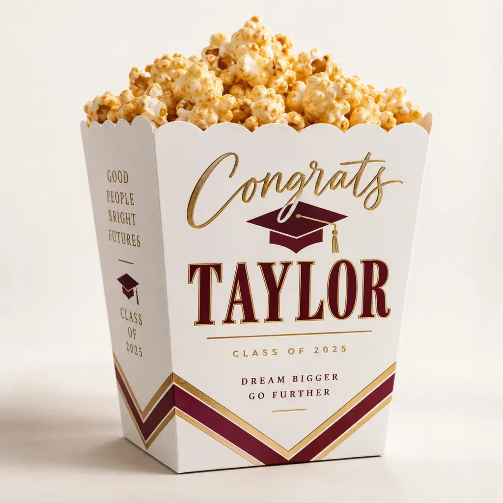 Personalized graduation popcorn box in white, maroon, and gold reading Congrats Taylor Class of 2025, filled with caramel popcorn