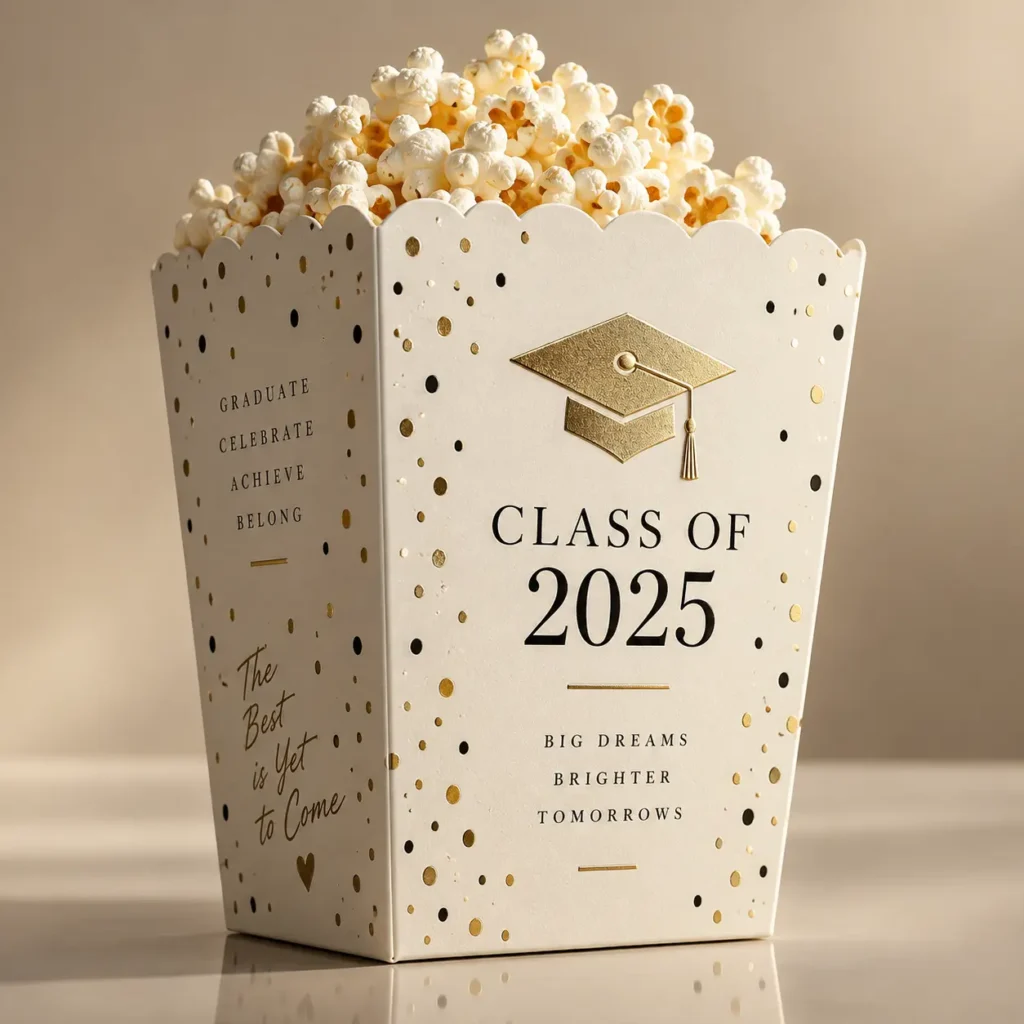 White gold polka dot graduation popcorn box Class of 2025 with mortarboard, Big Dreams Brighter Tomorrows party favor packaging