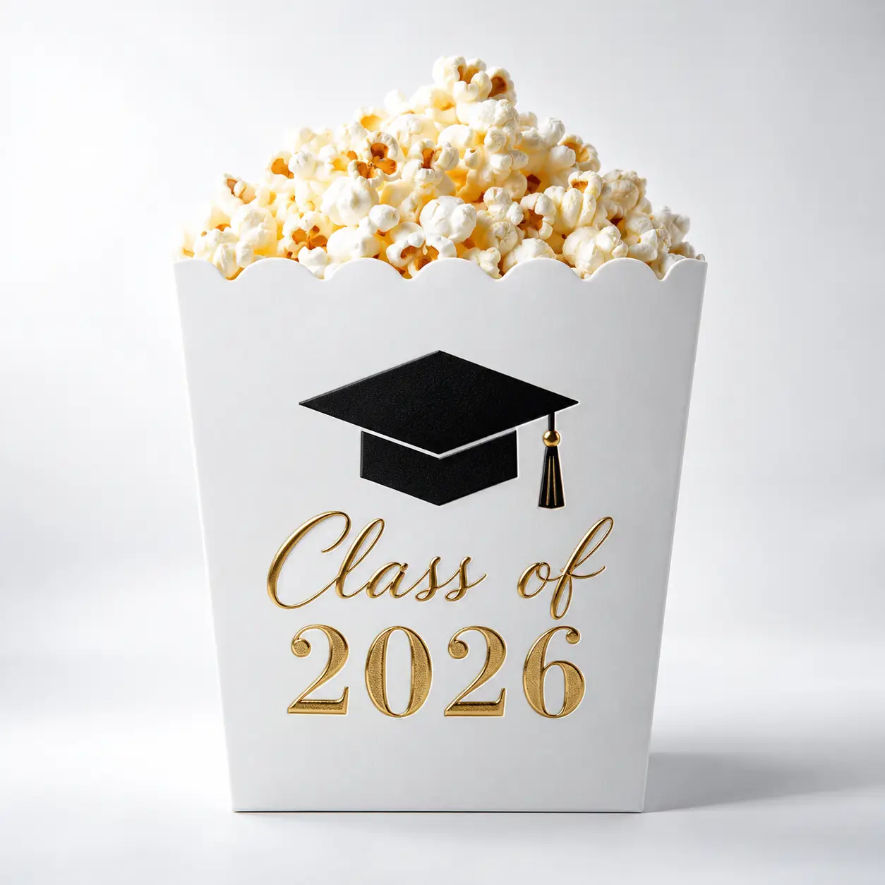 White graduation popcorn box with gold Class of 2026 text and black mortarboard cap, filled with fresh popcorn