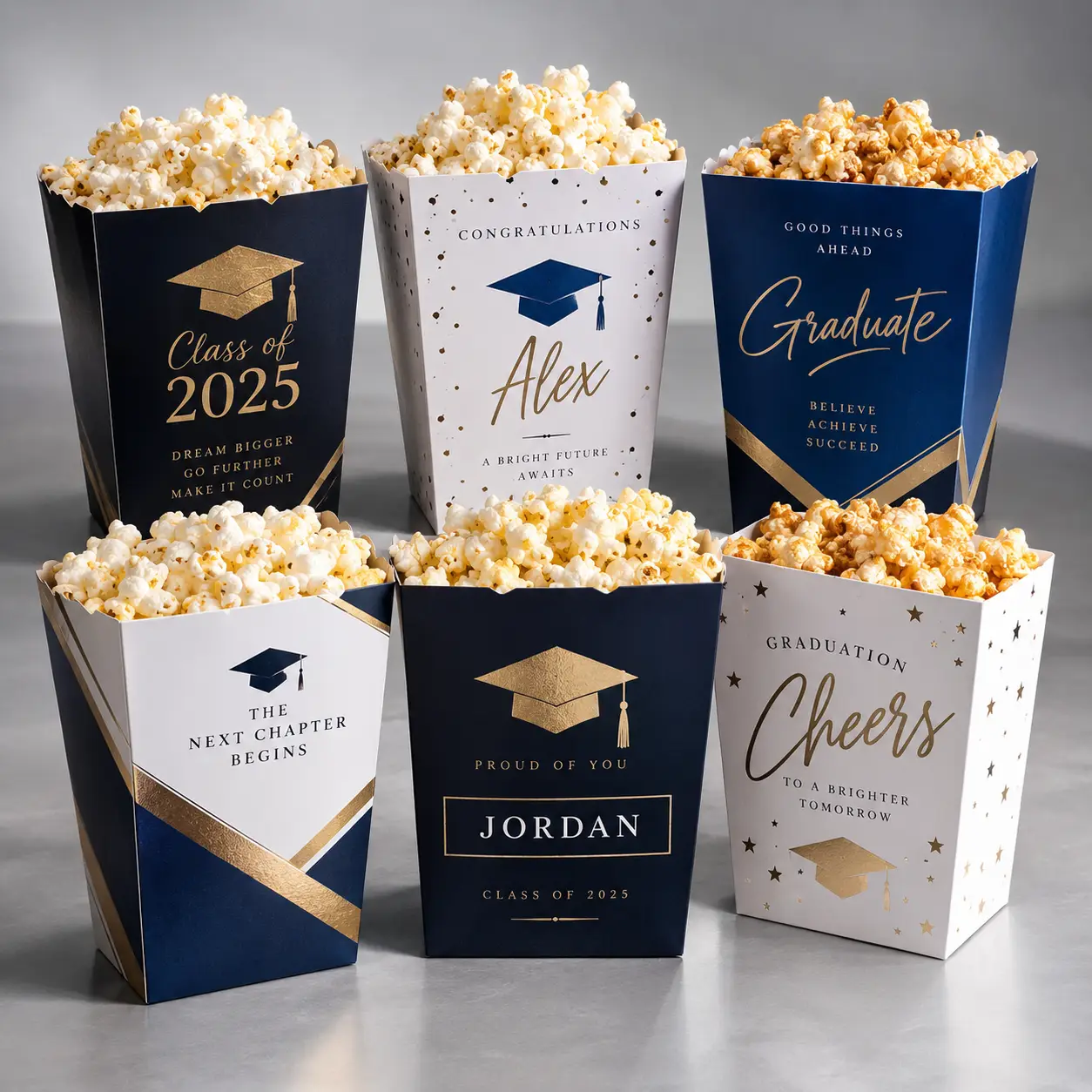 Six navy blue and white graduation popcorn boxes with gold accents, Class of 2025 personalized gift packaging for party favors