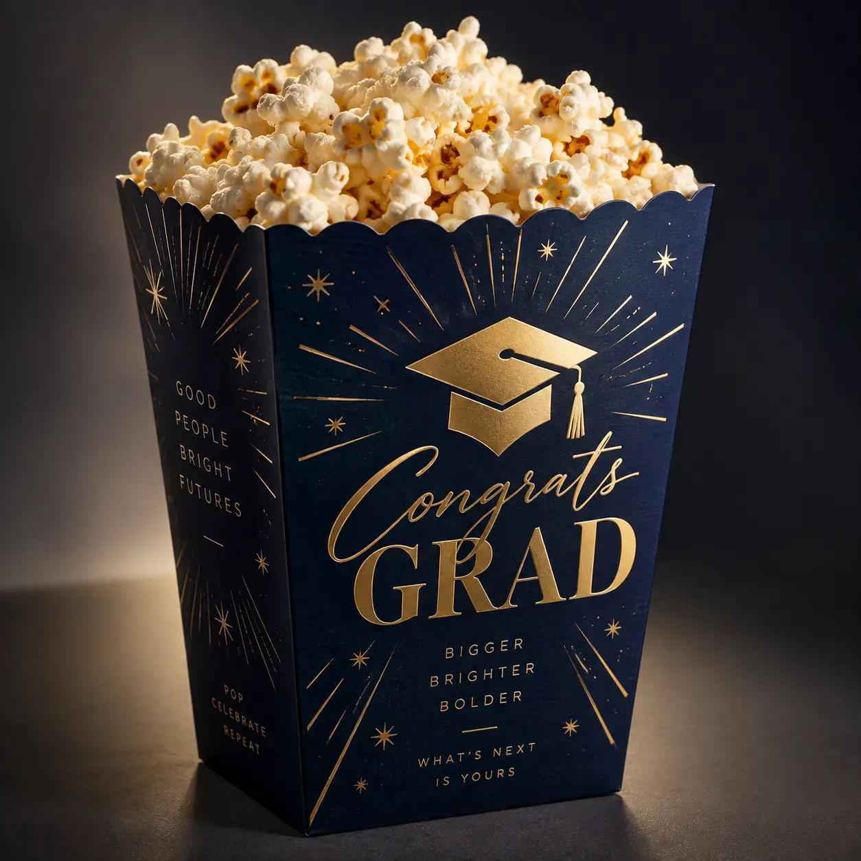 Navy blue gold foil graduation popcorn box printed Congrats Grad cap design custom party packaging by The Packaging Masters