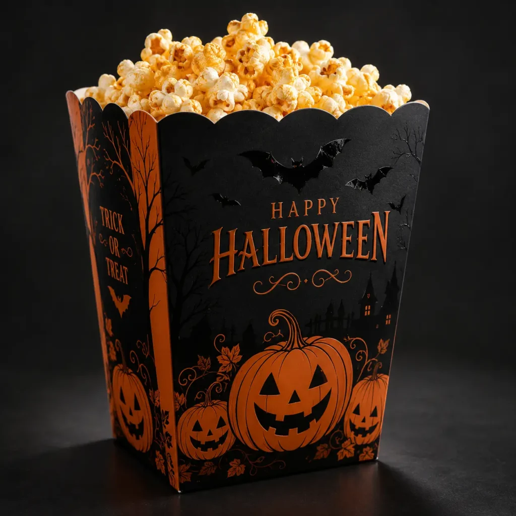 Halloween popcorn box black orange jack-o-lantern bats Trick or Treat custom seasonal food packaging by The Packaging Masters