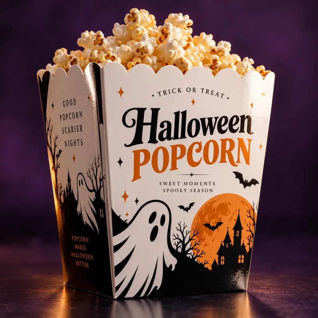 Halloween popcorn box packaging white orange black ghost bat haunted house full of popcorn purple background spooky seasonal design