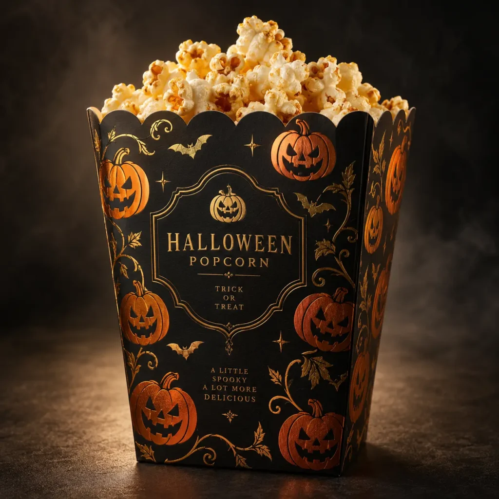 Halloween popcorn box packaging black orange jack-o-lantern pumpkin design trick or treat spooky custom food packaging