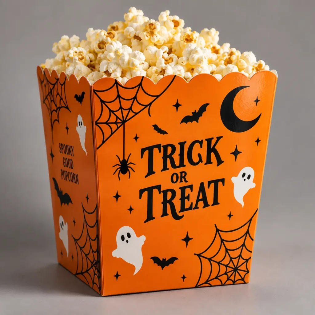 Orange Halloween popcorn box with trick or treat text, ghosts, bats, spider webs, filled with fresh popcorn, festive packaging design