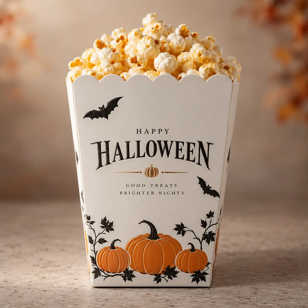 White Halloween popcorn box with orange pumpkins, black bats, and Happy Halloween text, filled with fresh popcorn