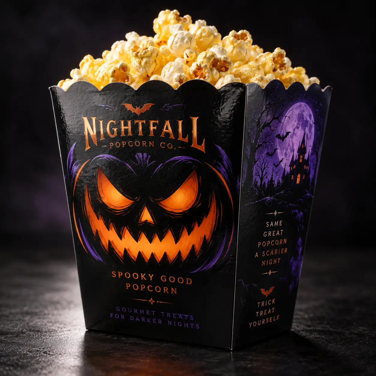 Halloween popcorn box packaging design, black orange purple jack-o-lantern, Nightfall Popcorn Co, spooky gourmet branding