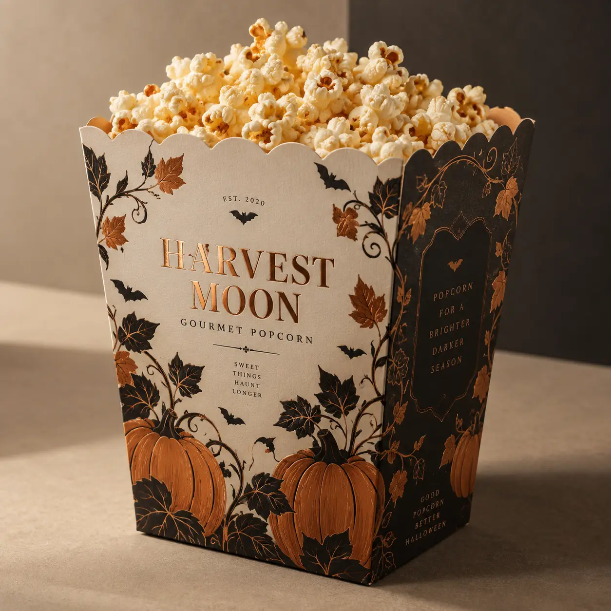 Halloween gourmet popcorn box packaging design with pumpkins, bats, autumn leaves in black and copper tones, filled with popcorn