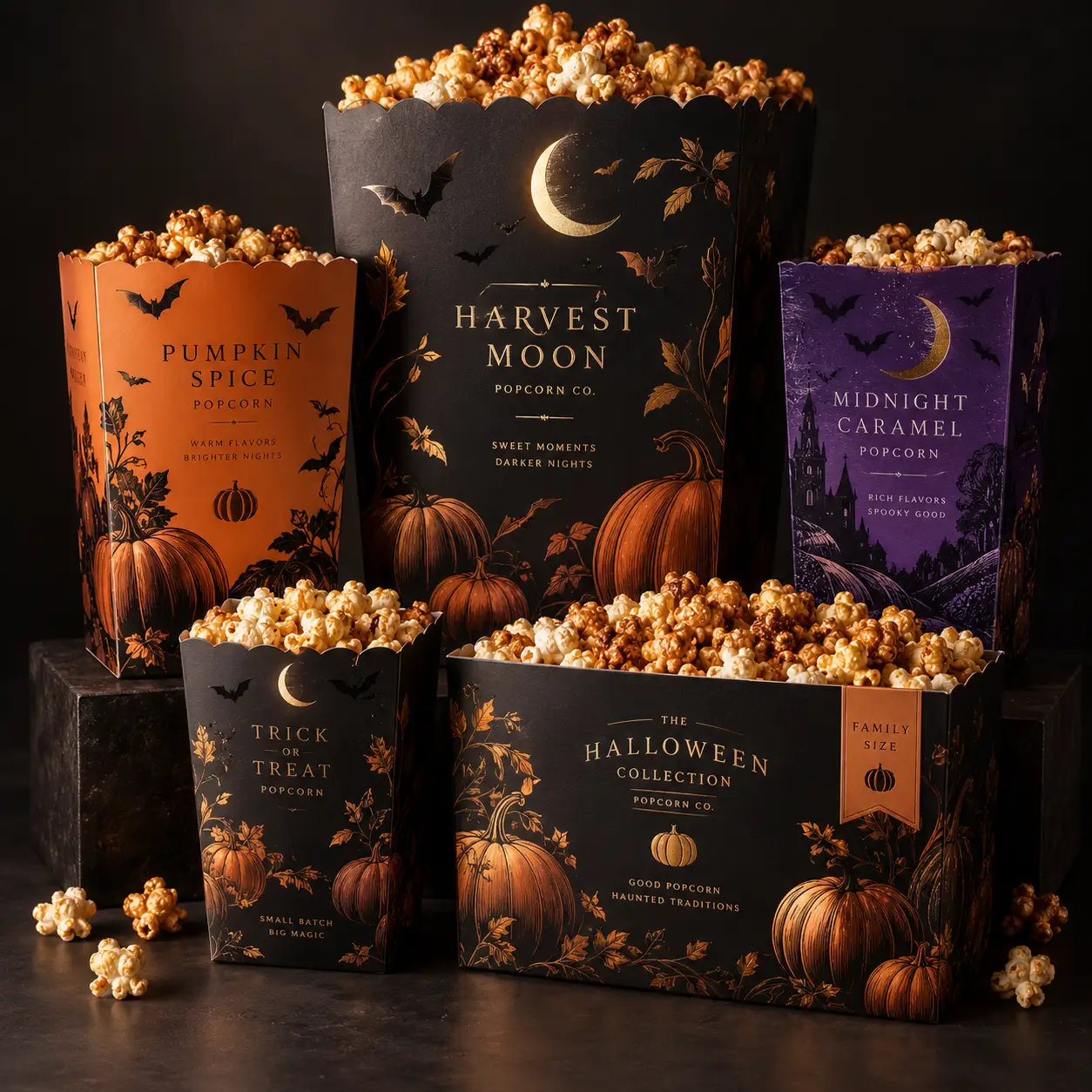 Halloween popcorn packaging collection with black orange purple boxes featuring pumpkins bats moons harvest moon spice caramel designs