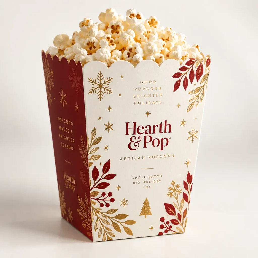 Hearth & Pop holiday popcorn box in cream and red with gold snowflakes, festive leaves, and Christmas tree artisan packaging design