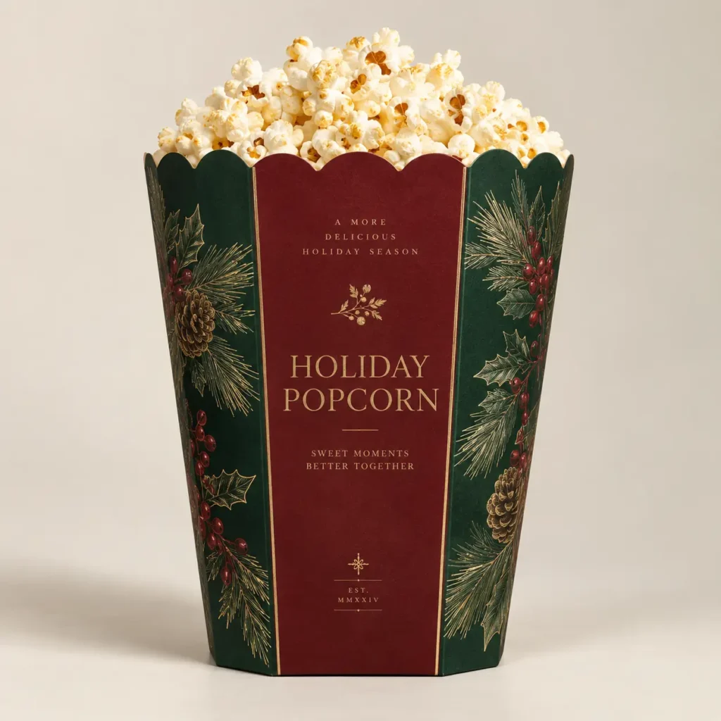 Holiday popcorn box packaging in dark green and burgundy red with gold holly pine cone botanical prints, overflowing with fresh popcorn