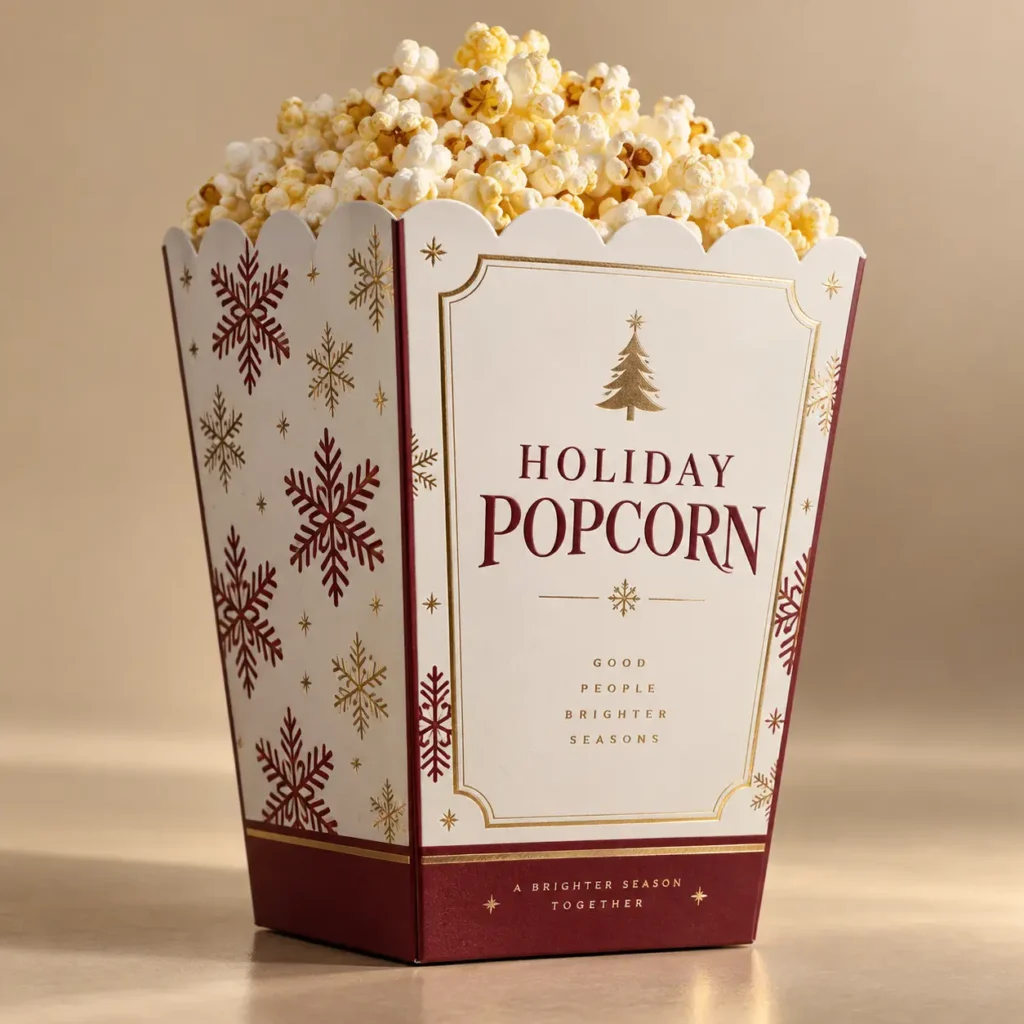 Festive holiday popcorn box packaging in burgundy and white with gold snowflakes, Christmas tree design, and scalloped top edge