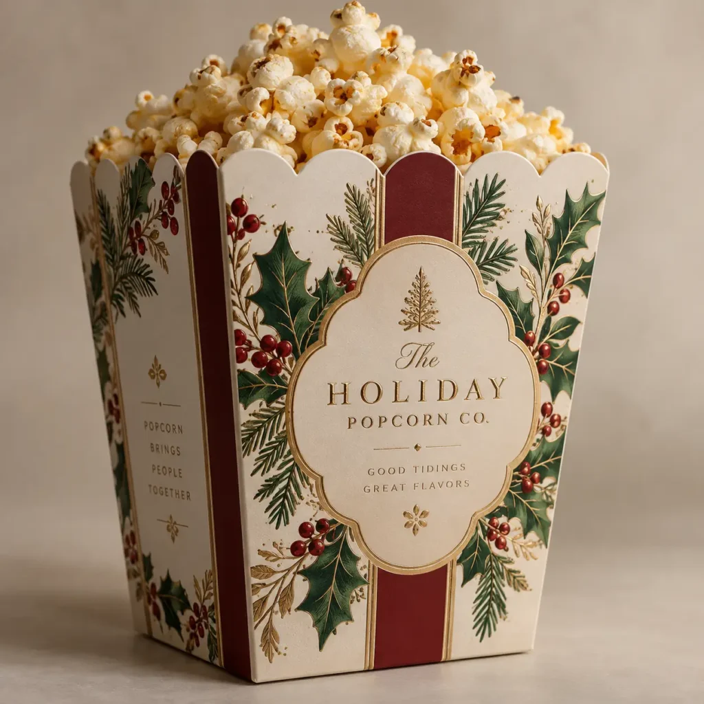 Elegant holiday popcorn box packaging with holly, red berries, gold accents, cream and burgundy design, festive Christmas gift container
