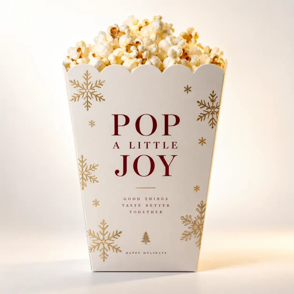 White holiday popcorn box with gold snowflakes, red POP A LITTLE JOY text, festive Christmas custom packaging design