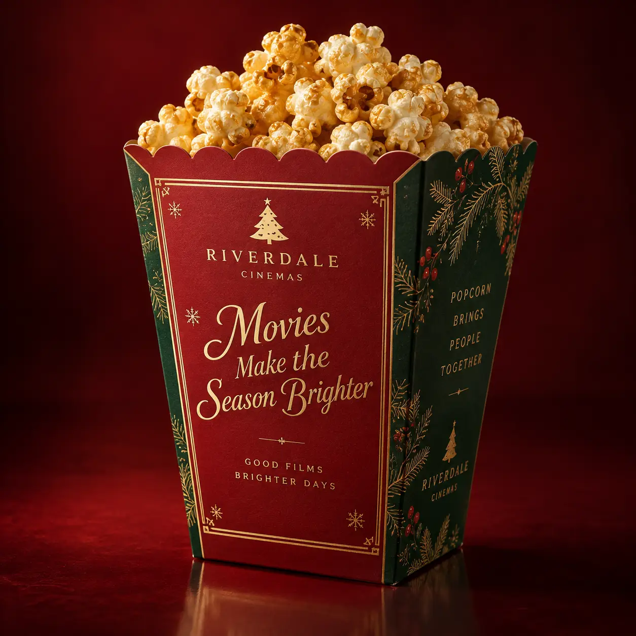 Riverdale Cinemas holiday popcorn box, red and green Christmas packaging with gold text, filled with caramel popcorn
