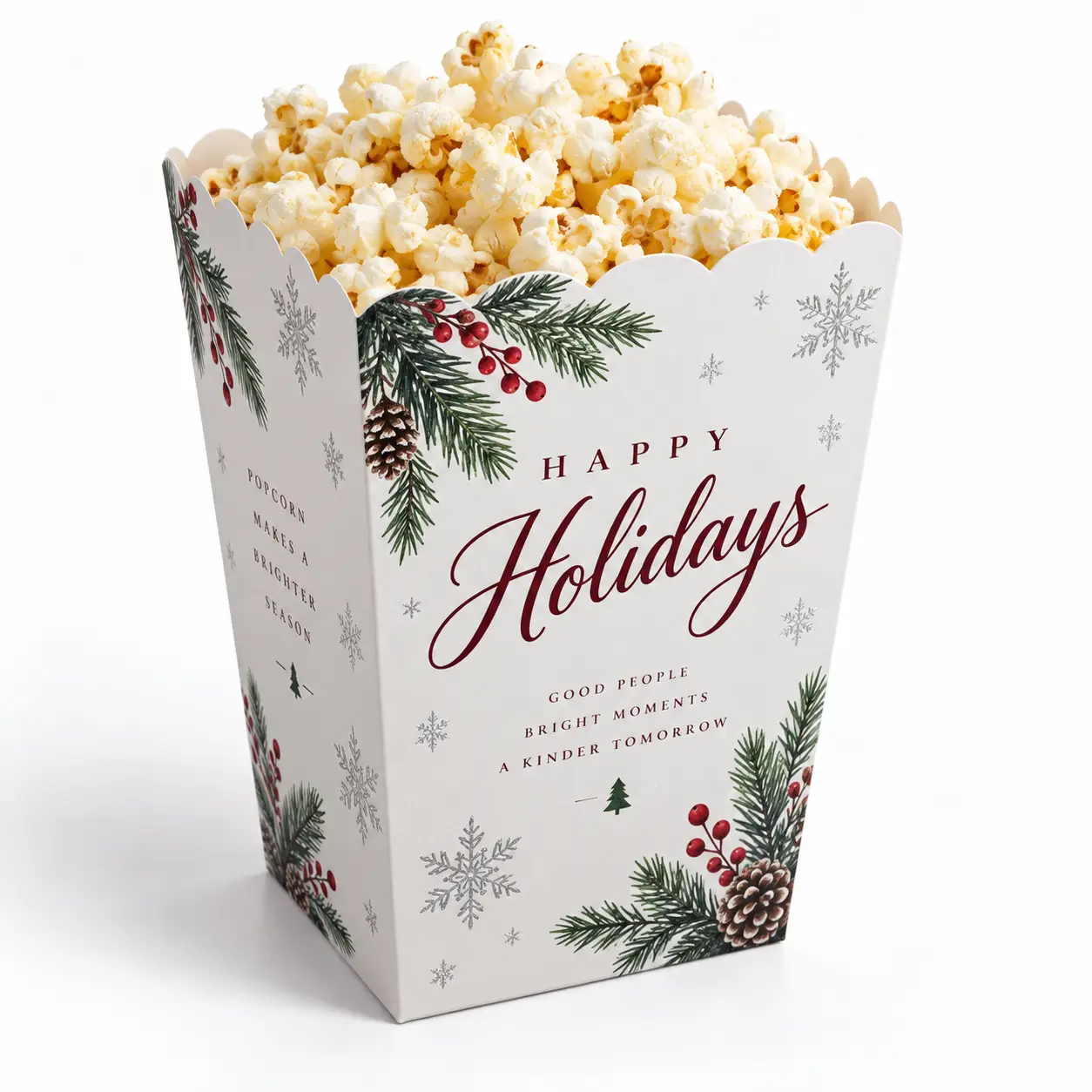 Holiday popcorn box packaging white red green pine berries snowflakes Happy Holidays festive Christmas gift box design