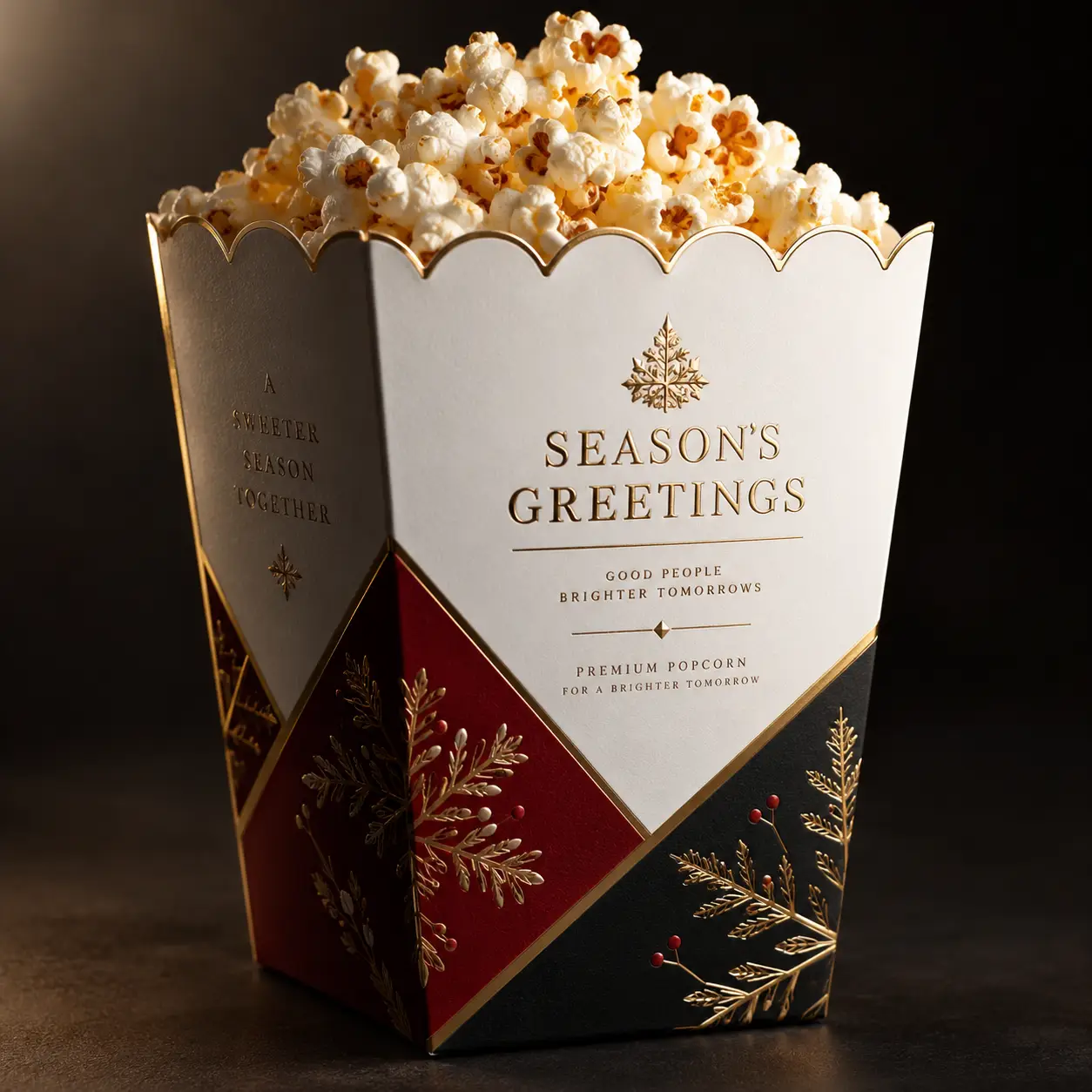 Luxury holiday popcorn box with gold foil Season's Greetings text, red black white geometric panels, festive botanical accents