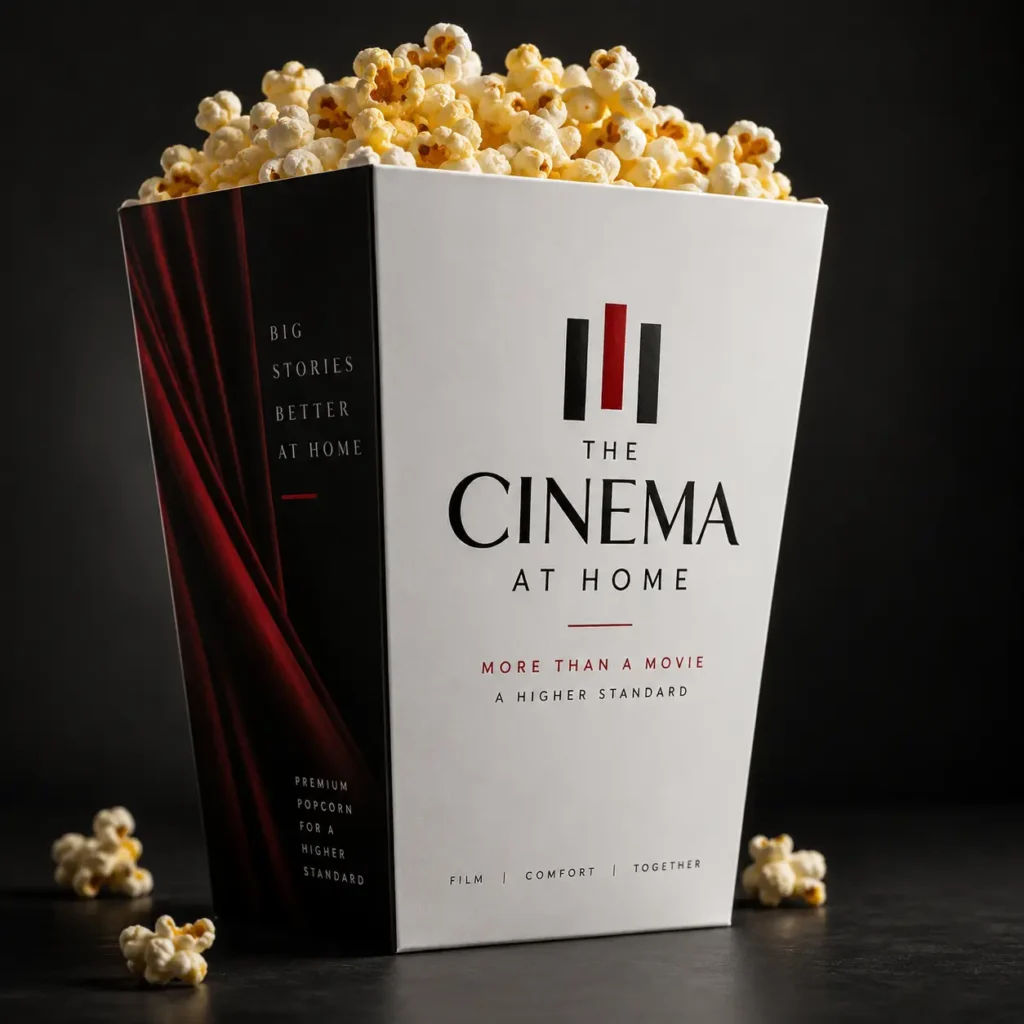 Premium white and black Cinema At Home popcorn box overflowing with fresh popcorn, elegant red curtain design, custom packaging