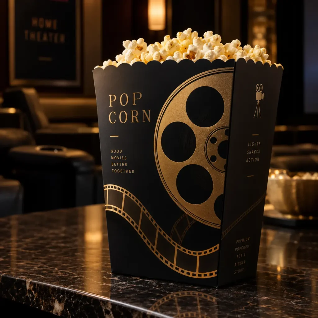 Elegant black gold luxury popcorn box with film reel design in home theater setting, premium custom packaging