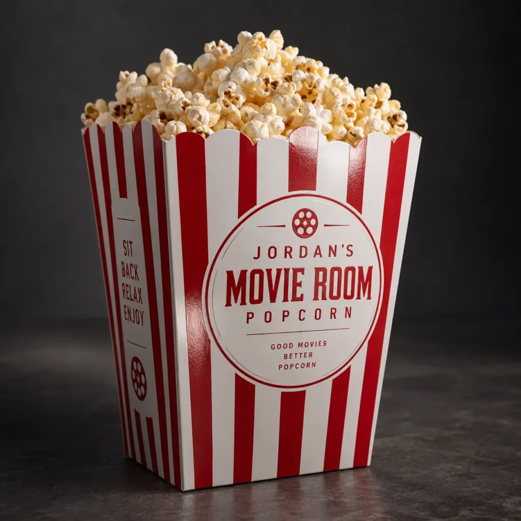 Red and white striped custom popcorn box printed with Jordan's Movie Room Popcorn branding, overflowing with fresh popcorn