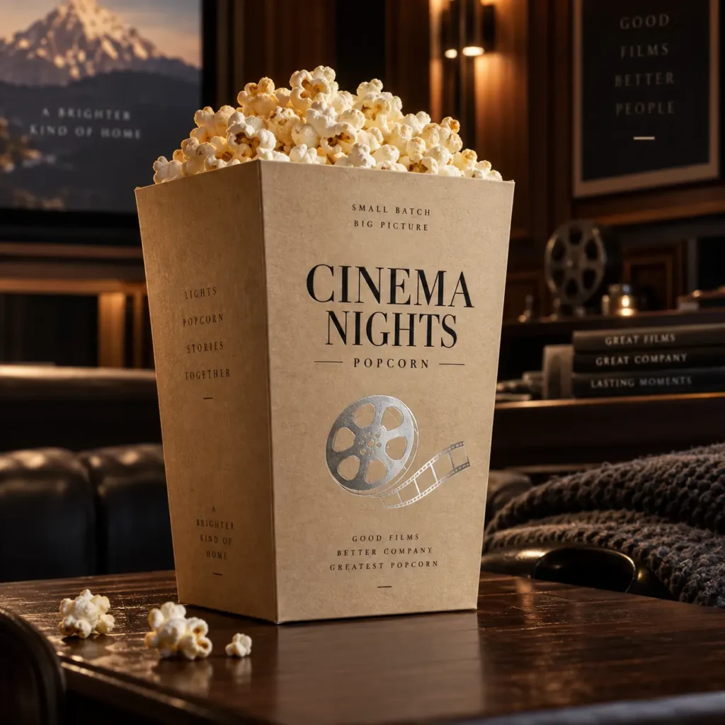 Kraft popcorn box packaging design with Cinema Nights branding, film reel logo, warm home theater ambiance, premium custom box