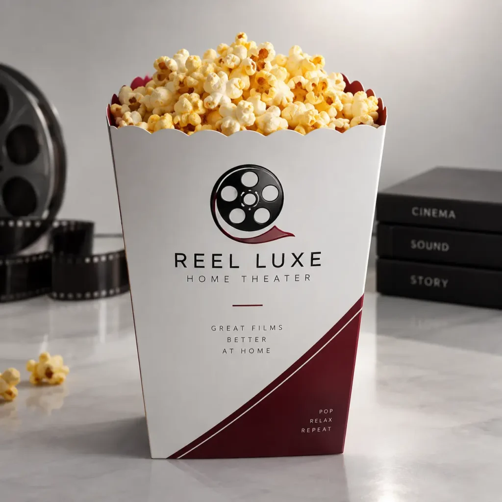 White and burgundy custom popcorn box printed with Reel Luxe Home Theater branding, overflowing with buttered popcorn, film reel backdrop