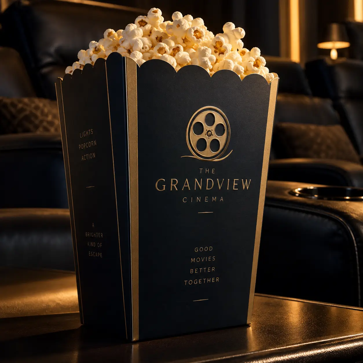 Luxury navy gold popcorn box packaging design for Grandview Cinema with film reel logo and elegant typography