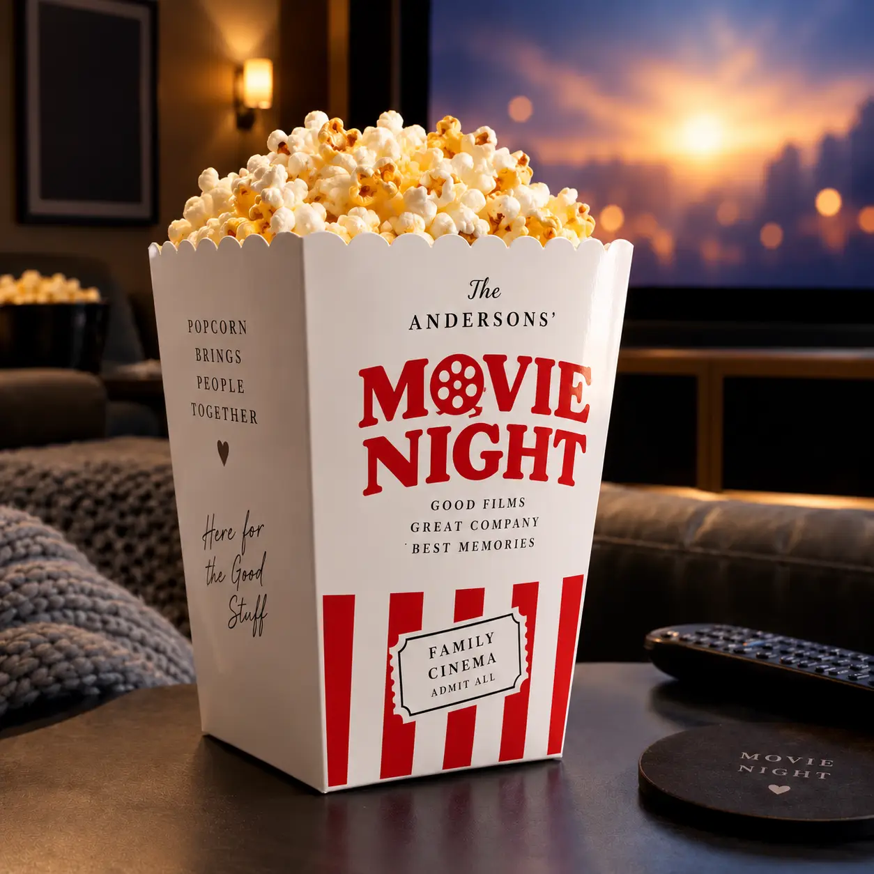 White red-striped custom popcorn box labeled The Andersons Movie Night on dark home theater table with remote
