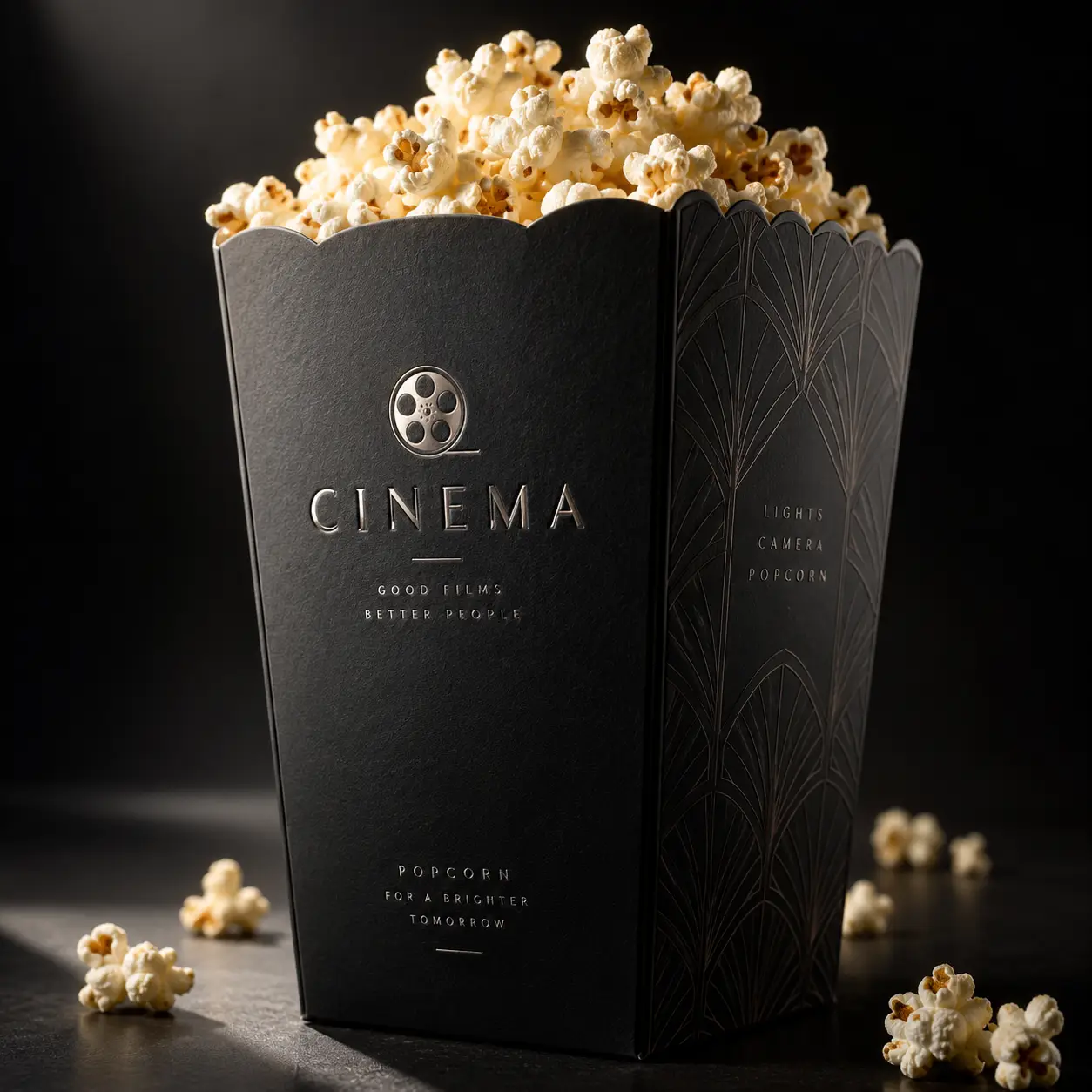 Elegant black luxury cinema popcorn box packaging with silver embossed logo, overflowing buttered popcorn, dark moody background