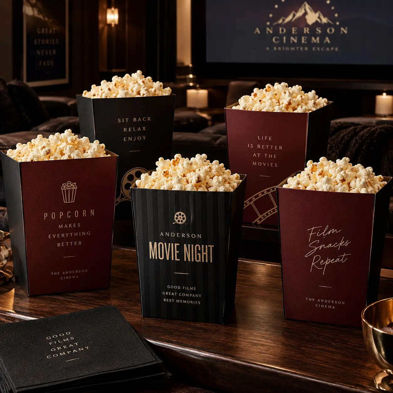 Custom black and burgundy popcorn boxes printed with Anderson Movie Night branding displayed in luxury home cinema room