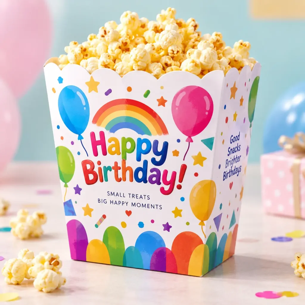 Colorful Happy Birthday popcorn box with rainbow, balloons, confetti, filled with buttered popcorn — festive party packaging design