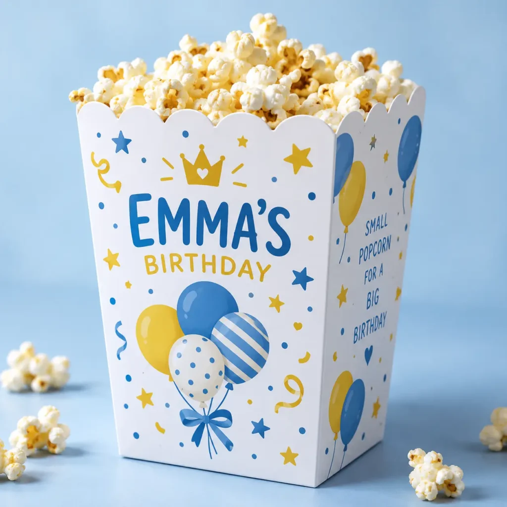 Custom birthday popcorn box in blue and gold with Emma's name, crown, balloons, and festive stars on light blue background