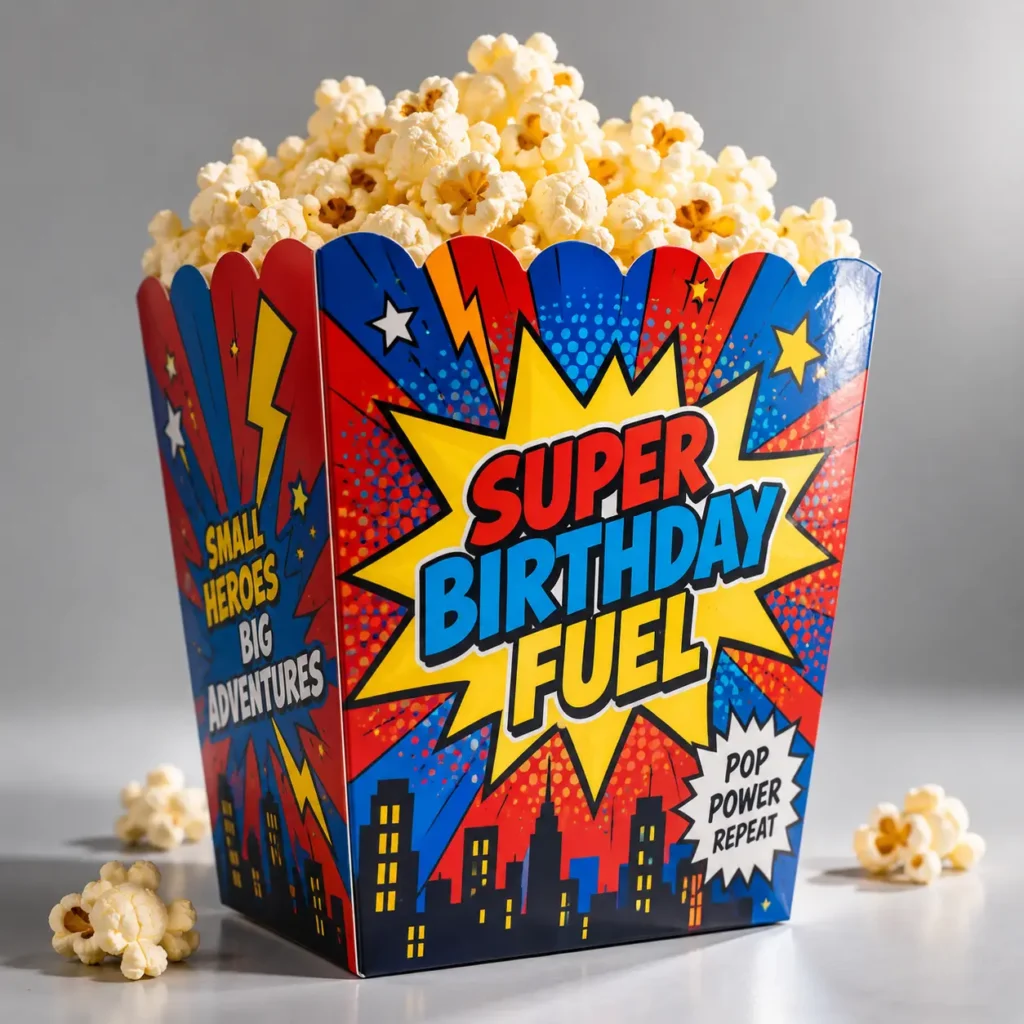 Superhero birthday popcorn box in red blue yellow with bold Super Birthday Fuel text comic style cityscape party packaging design