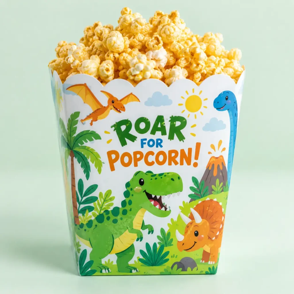 Dinosaur popcorn box with T-Rex, triceratops, pterodactyl, Roar For Popcorn text, filled with golden caramel popcorn