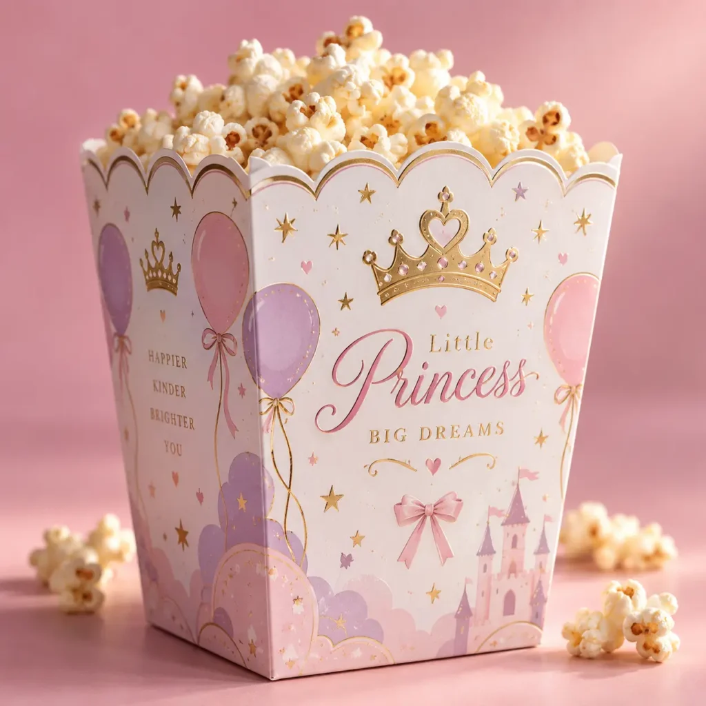 Pink princess popcorn box with gold crown, balloons, castle, and Little Princess Big Dreams text, overflowing with fresh popcorn