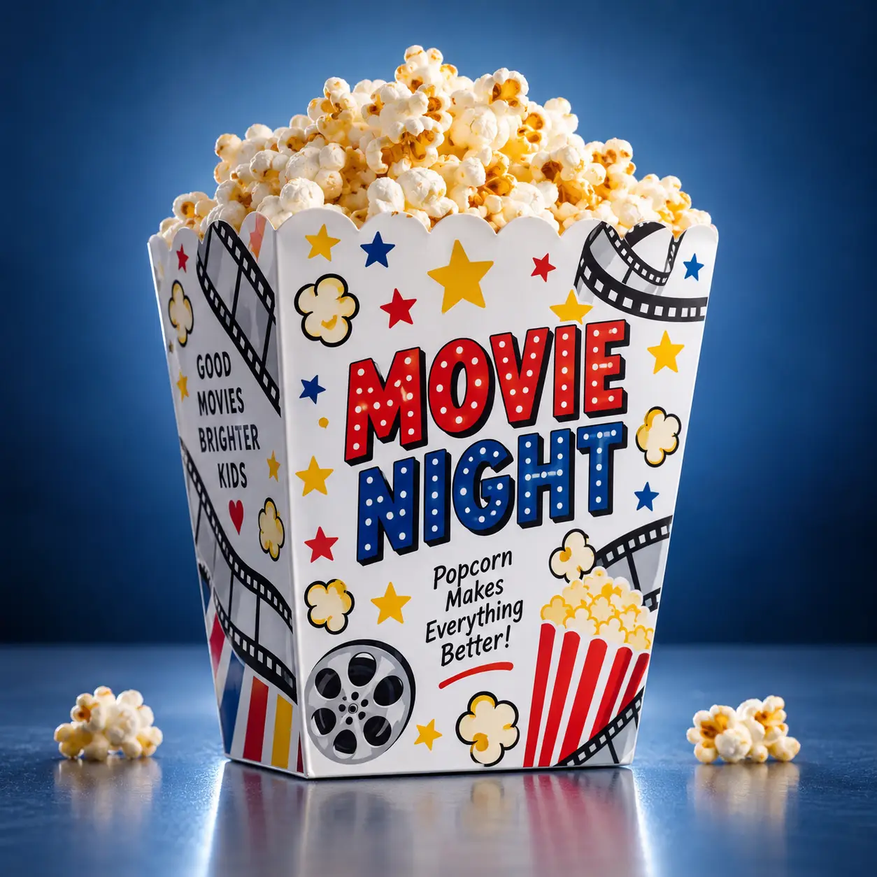 White movie night popcorn box with red blue stars film reels overflowing with fresh popcorn on blue background custom packaging
