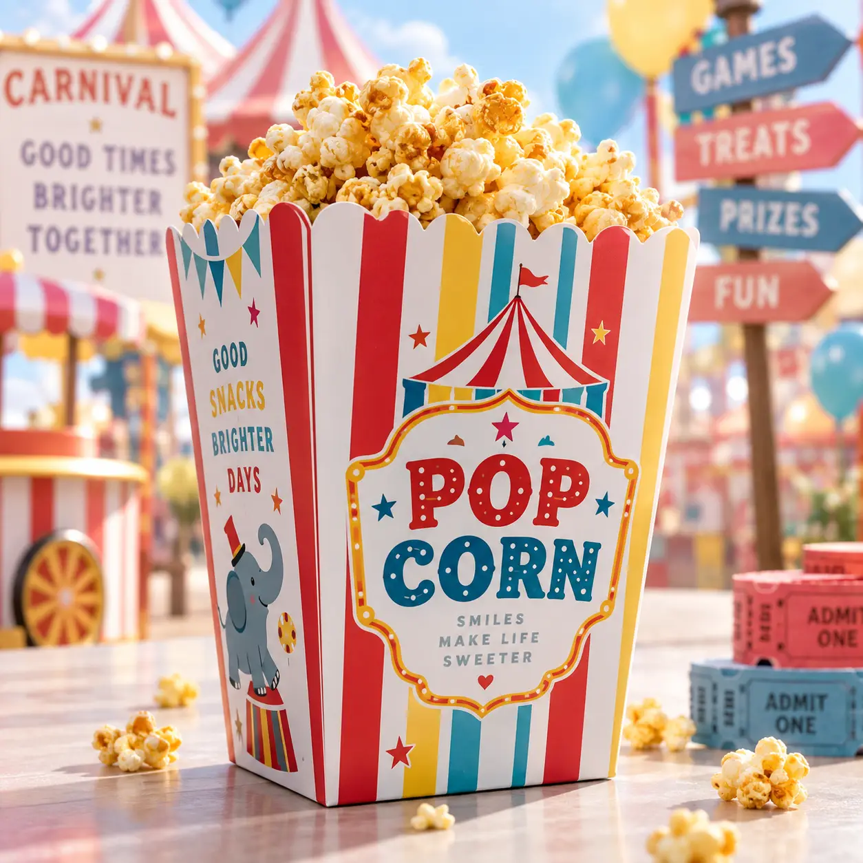 Colorful carnival popcorn box with red, yellow, blue stripes, circus tent design, filled with fresh popcorn, festive packaging by The Packaging Mas...