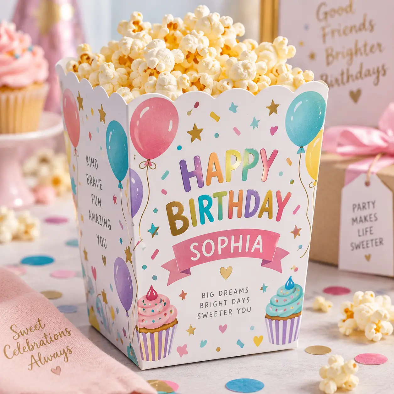 Personalized Happy Birthday Sophia popcorn box with colorful balloons, cupcakes, and confetti, filled with popcorn, pastel party décor