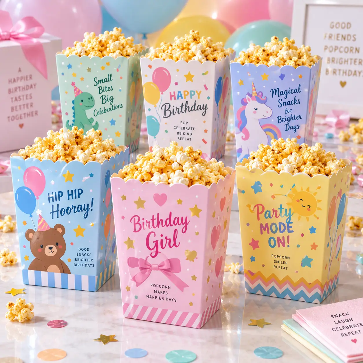 Colorful birthday popcorn boxes in pink, blue, yellow filled with caramel popcorn, party decorations, balloon backdrop, festive celebration packaging