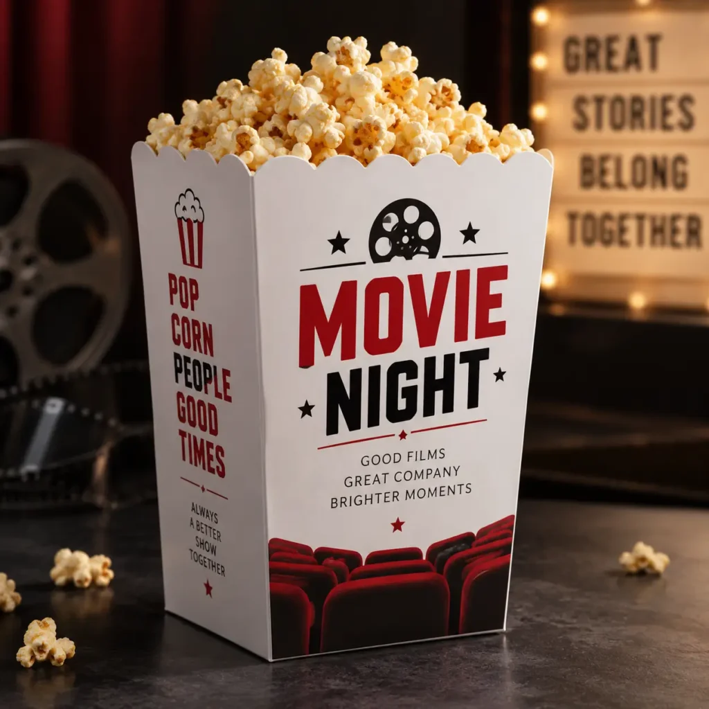 White movie night popcorn box with red theater seats, film reel design, filled with fresh popcorn on dark background