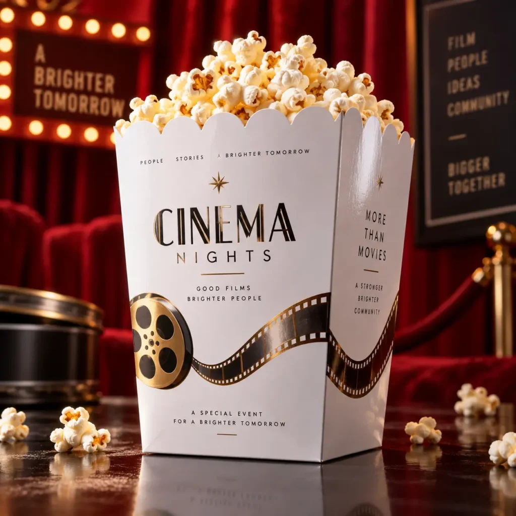 White Cinema Nights custom popcorn box with gold film reel design, overflowing with popcorn, red velvet theater backdrop