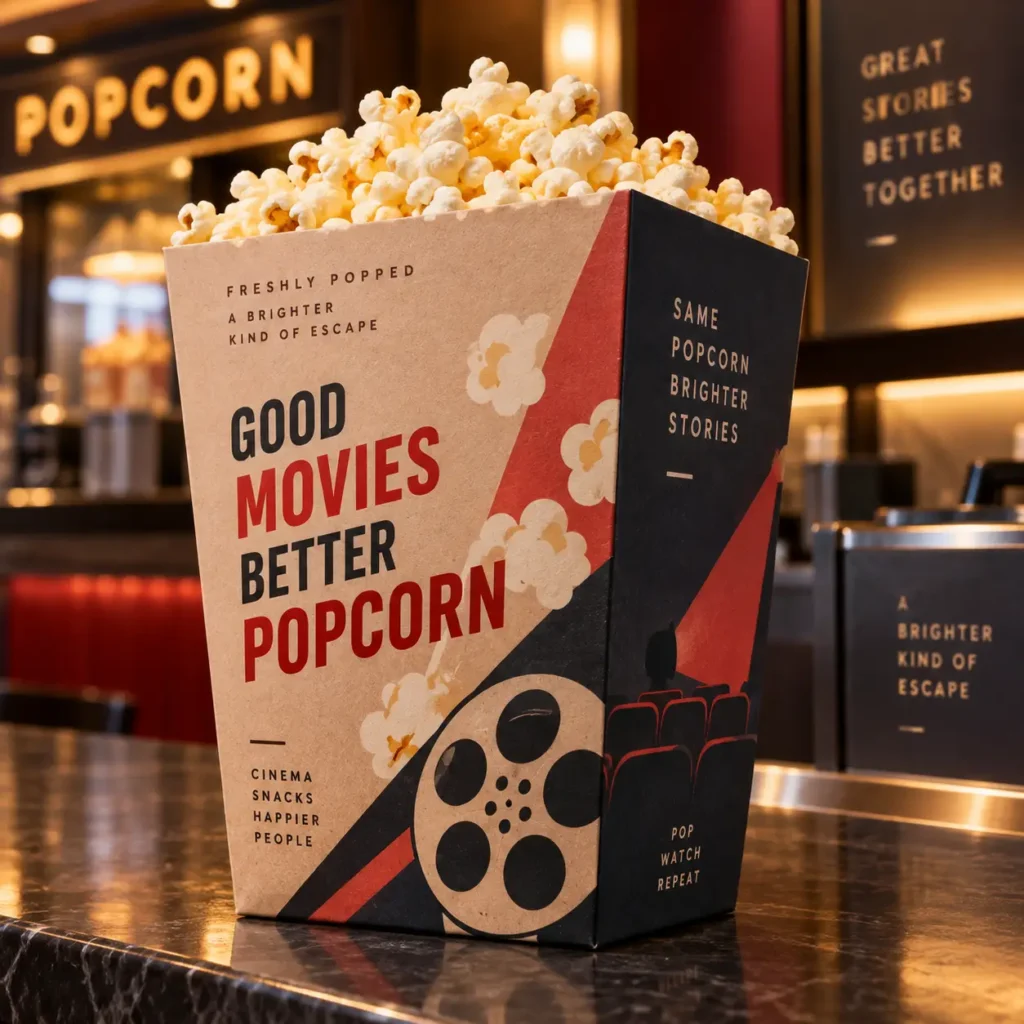 Retro cinema popcorn box packaging design in kraft, red, and black with bold typography at a movie theater concession stand