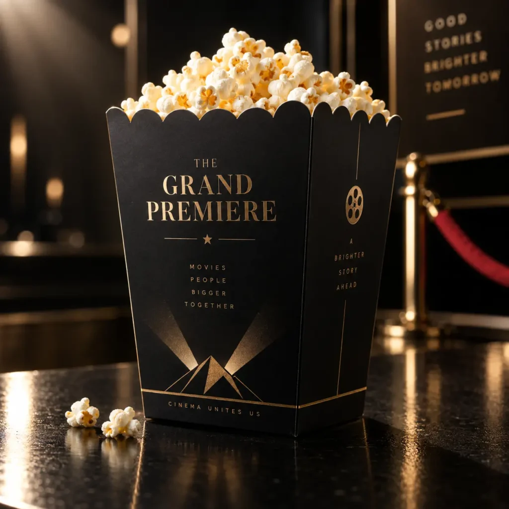 Luxury black gold popcorn box packaging design Grand Premiere cinema theme on glossy surface with red velvet rope backdrop
