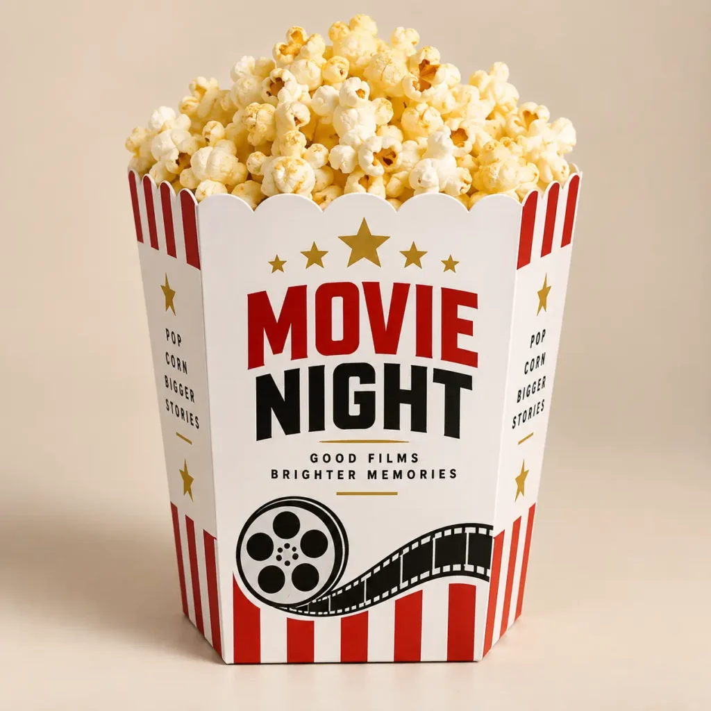 Red and white striped movie night popcorn box with gold stars, film reel design, filled with fresh buttered popcorn, custom packaging