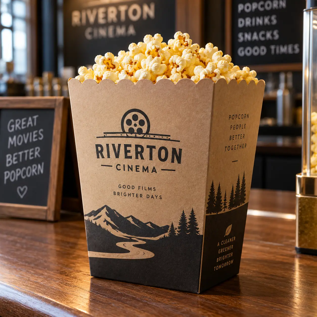 Kraft popcorn box packaging design for Riverton Cinema with mountain landscape print, filled with buttered popcorn on wooden counter