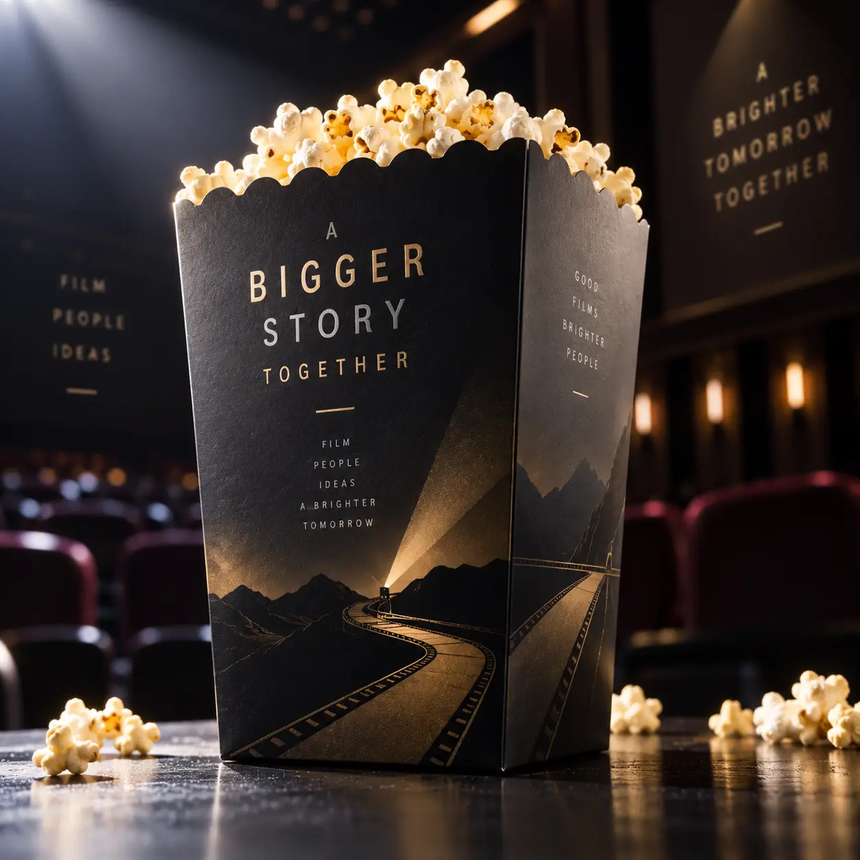 Black cinema popcorn box packaging design with gold typography reading A Bigger Story Together in moody theater setting