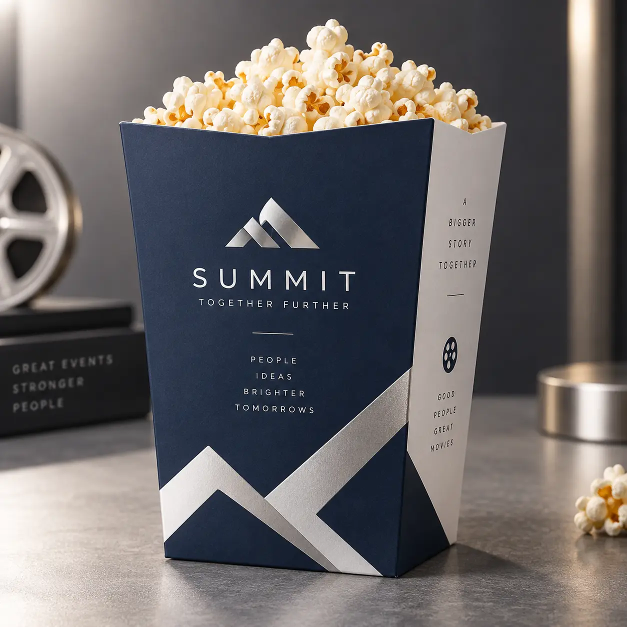 Navy blue Summit branded popcorn box with silver mountain logo, filled with popcorn, beside vintage film reel on gray surface