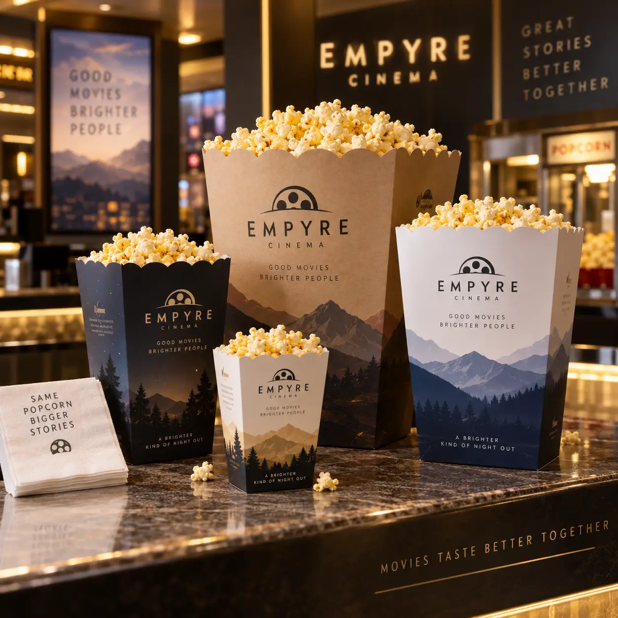 Empyre Cinema branded popcorn boxes in kraft brown and navy blue displayed on marble counter with mountain landscape design